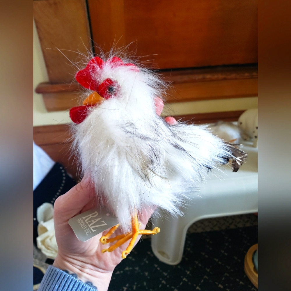 RAZ Imports White & Red Rooster Chicken Faux Feather Lifelike Figurine Decor
